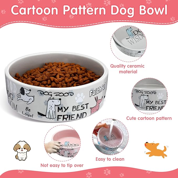 Maxcheck 2 Pcs 5 Inch Ceramic Dog Bowls Dishes for Small Dogs Cute Cartoon Pattern Puppy Cat Bowls Heavy Food Water Dishes for Pets Feeding Travel, Dishwasher Safe Microwave Safe(Pink and Gray)