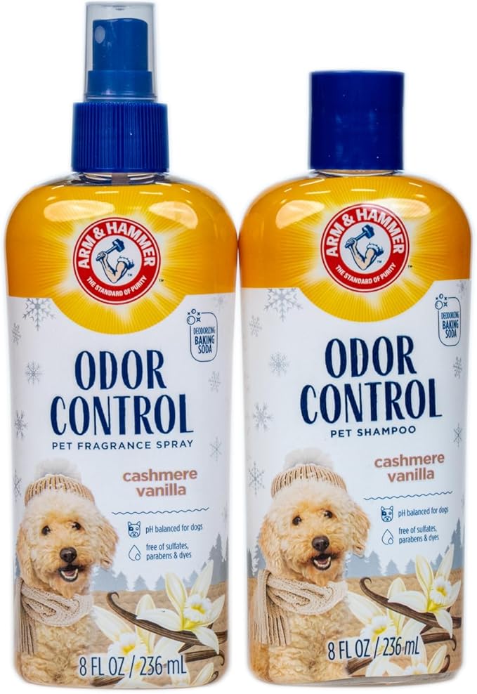 Arm & Hammer Odor Control Pet Deodorizing Set, Holiday Edition: Includes Dog Shampoo, 8FL OZ + Bath Spray, 8FL OZ, Cashmere Vanilla Scent