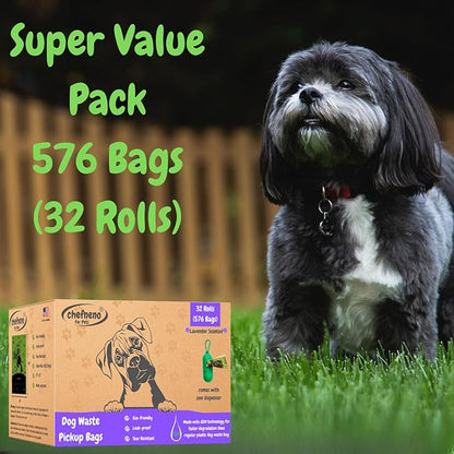 Biodegradable Doggy Poop Bags with Dispenser (576 Bags) Eco-friendly Dog Waste Pickup Bags Refill Rolls Cat Waste Bags (Green, 32 Rolls, Lavender Scented)