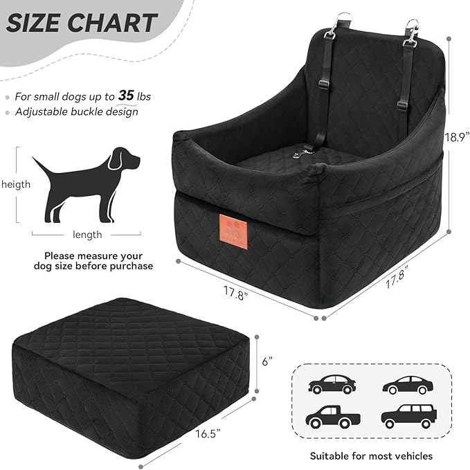 GL GLENSLAVE Dog Car Seat for Small/Medium Dogs, Dog Booster Car Seats with Thick Cushion for Dogs Under 35lbs, Detachable Washable Pet Carseat with Storage Pockets, 2 Safety Belts(Black)