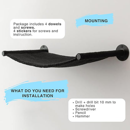 Cat Hammock Wall Shelf, Wall Mounted Furniture for Cat Support up to 33 lb, Black Hammock