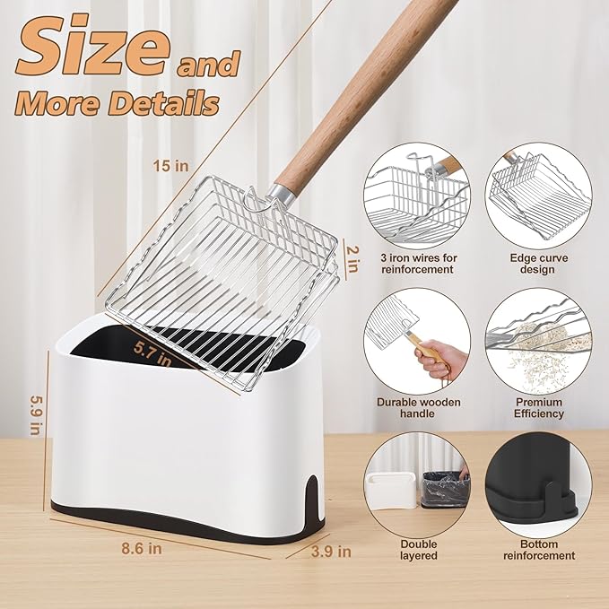 Metal Cat Litter Scoop with Holder, Poop Scooper with Stand and 2 Rolls of Garbage Bags, Heavy Duty Stainless Steel Shovel with Wooden, Quick Sifter for Easy Cleaning