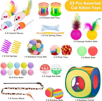 Retro Shaw Cat Toys Pack 33Pcs, Interactive Kitten Toys for Indoor Cats Kitty with Collapsible Play Tunnel Tent, Feather Teaser Wand Bell Balls Springs Mouse Toys for Boredom Relief & Exercise