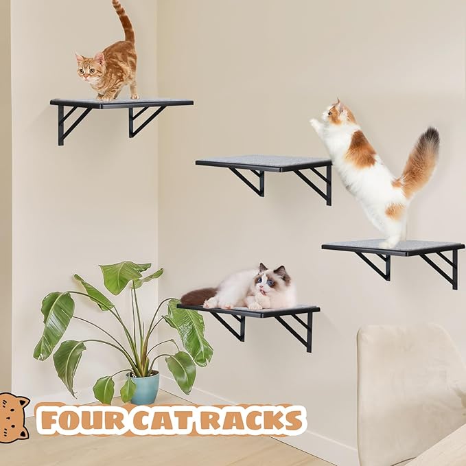 Cat Wall Shelves Set of 4, Purrfect Cat Furniture Set - 4 Piece Wooden Wall Shelves with Scratching Pad, Sleeping & Playing Area, Window Perch for Large Cats - Black