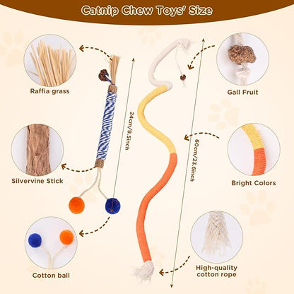 Catnip Toys for Indoor Cats - Silvervine Sticks & Cat Chew Toys for Teeth Cleaning - Refillable Natural Catnip & Silvervine Kit for Kittens & Adult Cats - 8 Pack
