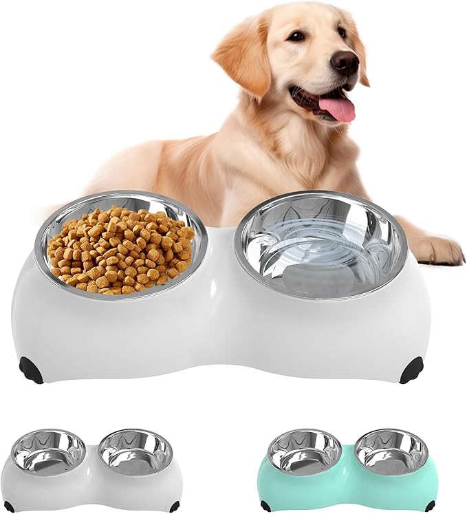 Stainless Steel Dog Bowls Set, Double Food & Water Bowls for Dogs, Dual Dog Food Bowl with 2 Small (4oz*2) Bowl, Non-Slip Pet Bowls Suitable for Puppies, Kittens and Small Breed Dogs (White)