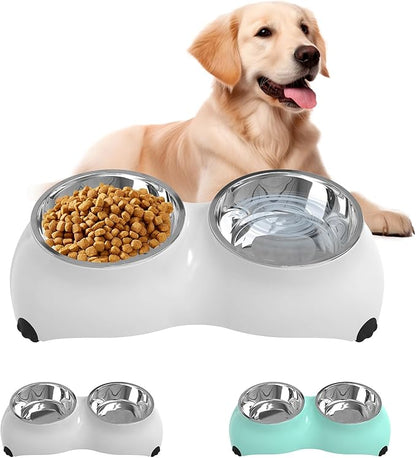 Stainless Steel Dog Bowls Set, Double Food & Water Bowls for Dogs, Dual Dog Food Bowl with 2 Small (4oz*2) Bowl, Non-Slip Pet Bowls Suitable for Puppies, Kittens and Small Breed Dogs (White)