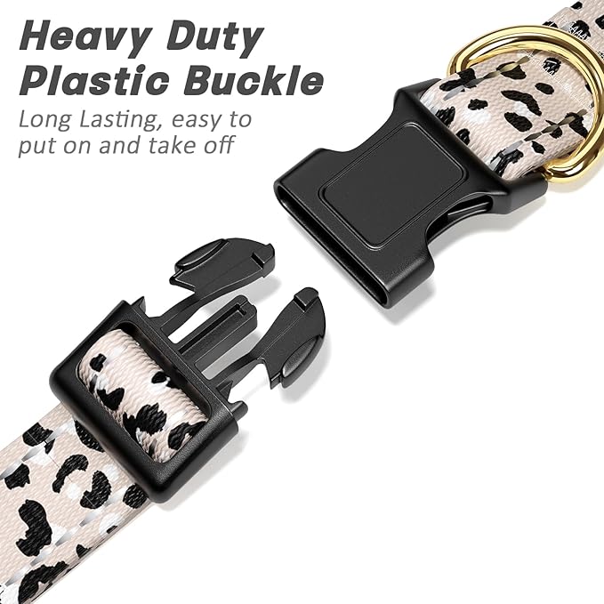 Reflective Dog Collar for Medium Dogs, Cute Leopard Style Adjustable Heavy-Duty Nylon Puppy Collar for Boy and Girl Female, Soft Pet Accessories with Quick Release Buckle, Beige