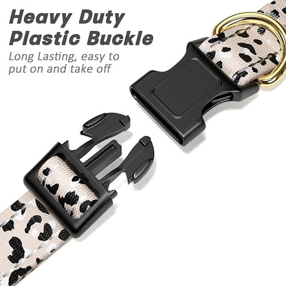 Reflective Dog Collar for Medium Dogs, Cute Leopard Style Adjustable Heavy-Duty Nylon Puppy Collar for Boy and Girl Female, Soft Pet Accessories with Quick Release Buckle, Beige