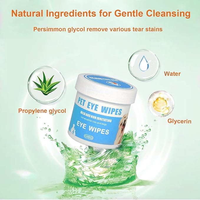 Dog Eye Wipes for Tear Stain Removal, Vet-Recommended Dog Eye Infection Treatment, Natural Dog Wipes for Discharge, Pet Eye Cleaner for Dogs&Cats, Gentle & Safe Pet Wipes for Sensitive Skin, 130 Count