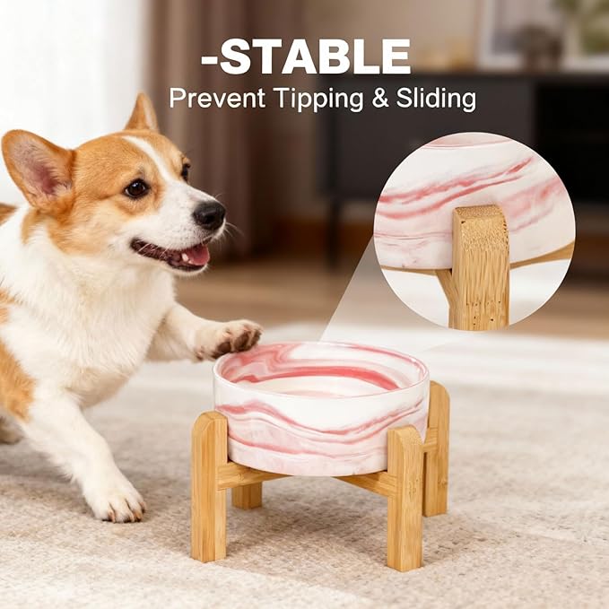 Elevated/Raised Ceramic Dog Bowl with Bamboo Stand,Marble Pattern 7 Inch 7.6 Cups Non Slip Heavy Weighted Single Pet Dish,Anti Tipping,Reduces Neck Strain Marble Pink