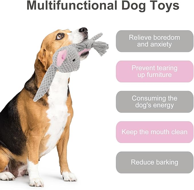 Dog Toys, Dog Squeaker Toys with Crinkle Paper, Stuffed Animal Dog Plush Chewing Toy, Cotton Rope Interactive Toys for Puppy, Small, Middle Dogs (Gray Rabbit)