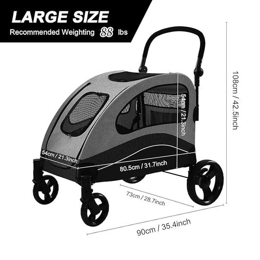 XL Extra Large Dog Stroller, All-Terrain 4 Wheel for 2 Medium Dogs, One-Click Foldable, Adjustable Handles, Dual Entry Safety Dog Stroller, Capacity 88lbs (Gray)