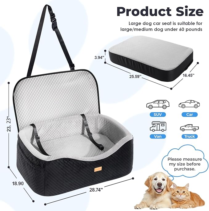 Dog Car Seat for Large Dogs up to 60 lbs or 2 Small Dogs with 4" Memory Foam, Back Seat Medium Pet Booster Seat with Triple Safety Belts, Adjustable Leashes, Detachable/Washable (Black/Gray, Large)