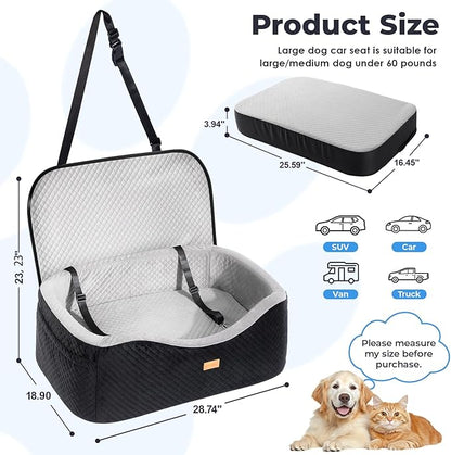 Dog Car Seat for Large Dogs up to 60 lbs or 2 Small Dogs with 4" Memory Foam, Back Seat Medium Pet Booster Seat with Triple Safety Belts, Adjustable Leashes, Detachable/Washable (Black/Gray, Large)