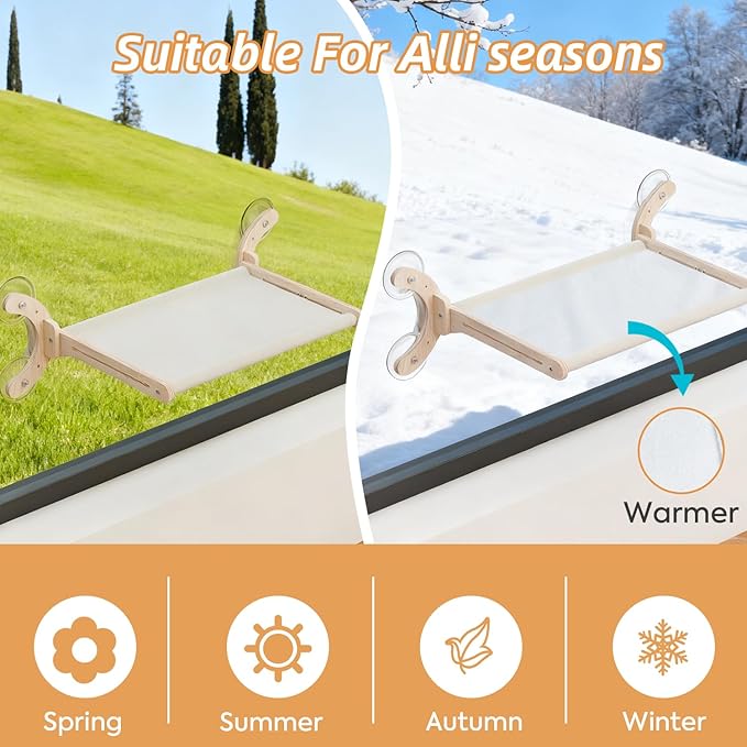 Cat Window Perch, Adjustable 4 in 1 Cat Hammock, Cats Window Bed for Windowsill, Bedside, Floor, Reinforced Wood and Metal Frame,4 Strong Suction Cups, Cordless Design(Beige, 18inch)