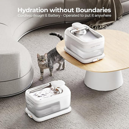 Cordless Pet Water Fountain, Automatic Cat Water Founatin Battery Operated, 4.5L with Stainless Steel Tray for Cats Dogs Multiple Pets Indoor, Wirelss Water Pump and Ultra-Quiet S7 Air White