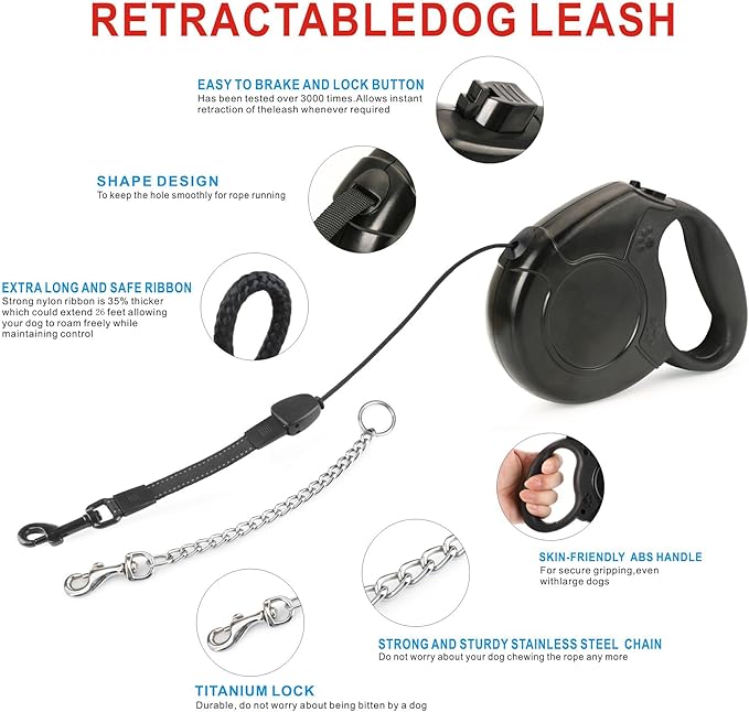 Idepet Heavy Duty Retractable Dog Leash for Small and Medium Dogs, Anti-Chewing Steel Chain Design,360 DegreeTangle-Free,Break and Lock System,26ft Leash Dog Walking (Black, Round Rope)