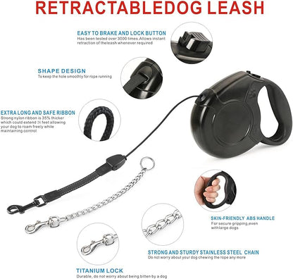 Idepet Heavy Duty Retractable Dog Leash for Small and Medium Dogs, Anti-Chewing Steel Chain Design,360 DegreeTangle-Free,Break and Lock System,26ft Leash Dog Walking (Black, Round Rope)