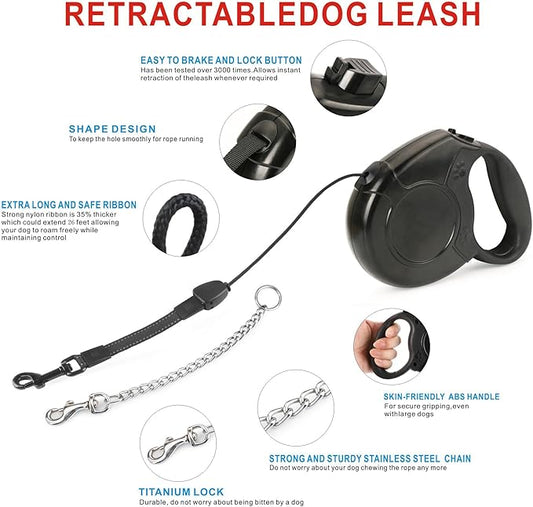 Idepet Heavy Duty Retractable Dog Leash for Small and Medium Dogs, Anti-Chewing Steel Chain Design,360 DegreeTangle-Free,Break and Lock System,26ft Leash Dog Walking (Black, Round Rope)