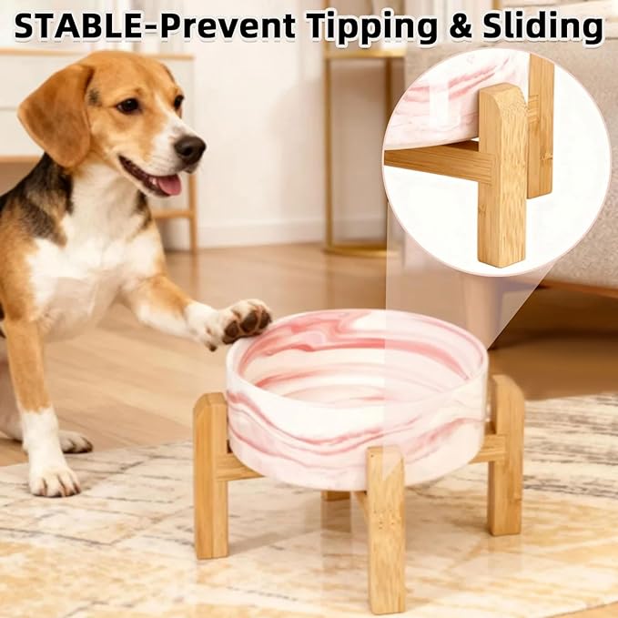 Elevated/Raised Ceramic Dog Bowl with Bamboo Stand,Marble Pattern 6 Inch 3.6 Cups Non Slip Heavy Weighted Single Pet Dish, for Small Medium Breed & Cats,Reduces Neck Strain Marble Pink