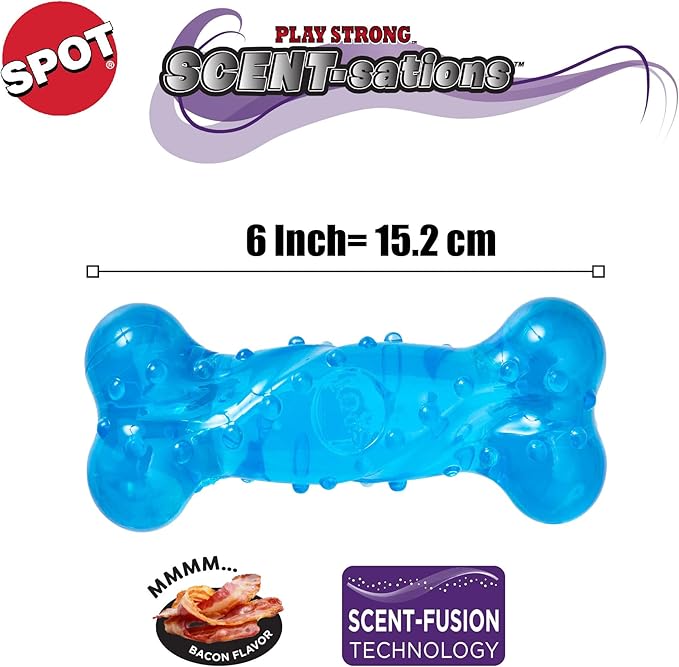 SPOT Play Strong Scent-sations Bone - Scent-Infused, Strong, Durable TPR Rubber, Heavy Duty Dog Toys for Aggressive Chewers up to 45lbs, Perfect for Puppies & Medium Breeds, 6in, Bacon Flavored