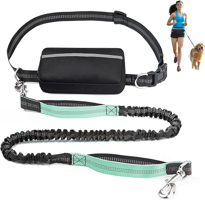 Hands Free Dog Leash with Zipper Pouch, Reflective Retractable Bungee with Double Padded Handles, Adjustable Dog Waist Leash for Running Walking Hiking Jogging Biking(Large, 25-120 lbs)