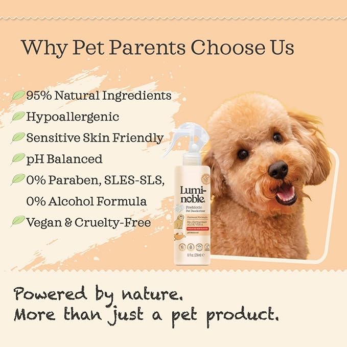 Prebiotic Dog Deodorizer Spray Perfume, Vanilla & Oatmeal Scented, Hypoallergenic Skin Care, Alcohol-Free Odor Remover for Dogs, Prebiotic Formula to Refresh & Hydrate Sensitive Skin & Coat, 8 oz