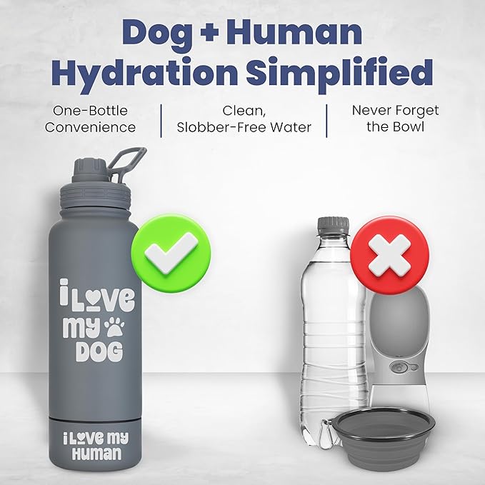 Dog Water Bottle for Dog Lovers - 32 oz Stainless Steel Double Wall Insulated Water Bottle with 8 oz Detachable Bowl on Bottom- Ideal Doggy Lover Gift for Hiking, Walking, Travel - “Love" Smoky Grey