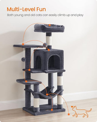 Feandrea Cat Tree, 44.1-Inch Cat Tower, Plush Multi-Level Condo with 4 Scratching Posts, 2 Perches, Hammock, Cave, Smoky Gray UPCT261G01