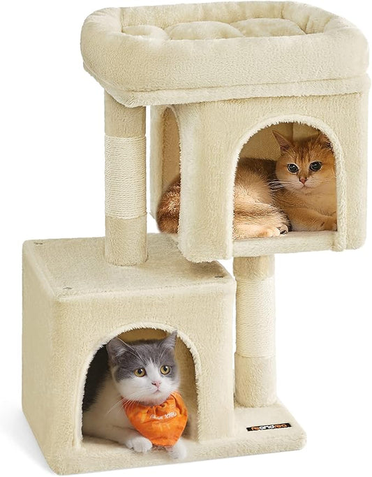 Feandrea Cat Tree, 26.4-Inch Cat Tower, Plush Condo for Kittens up to 7 lb, Large Perch, 2 Caves, Scratching Post, Beige UPCT611M01