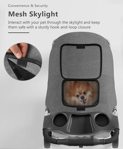 Pet Stroller with 3 Wheels for Small/Medium Pets, Portable Travel Foldable Carrier Jogger for Dog Cat Puppy Kitty, Rear Wheel Breaks, Storage Basket, Visible Mesh with Weather Cover (Gray)