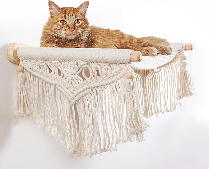 Macrame Cat Wall Shelves & Hammock - Comfy Cat Beds with Window Perch for Indoor Fun, Sleeping & Climbing,Maximum Hold Up to 30lb (Beige White - Cotton Rope)
