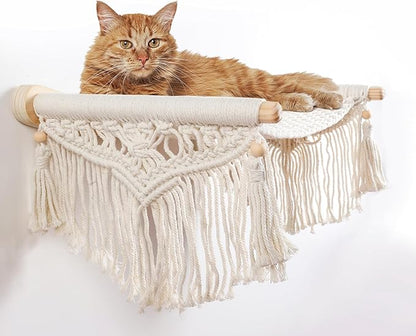 Macrame Cat Wall Shelves & Hammock - Comfy Cat Beds with Window Perch for Indoor Fun, Sleeping & Climbing,Maximum Hold Up to 30lb (Beige White - Cotton Rope)