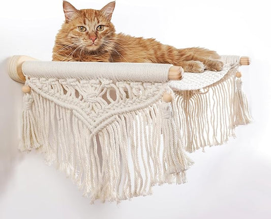 Macrame Cat Wall Shelves & Hammock - Comfy Cat Beds with Window Perch for Indoor Fun, Sleeping & Climbing,Maximum Hold Up to 30lb (Beige White - Cotton Rope)
