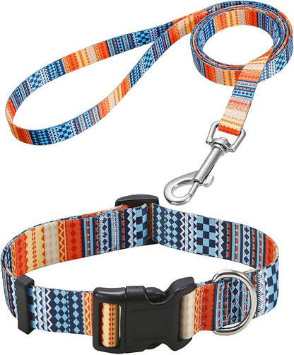 Dog Collar and Leash Set with Bohemia Floral Tribal Geometric Patterns - Soft Ethnic Style Collar Adjustable for Small Medium Large Dogs(Bohemian Orange Set,M)
