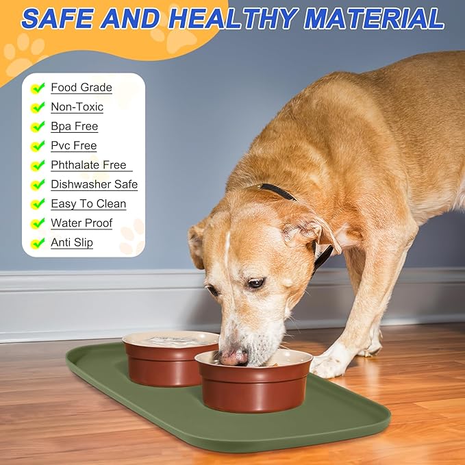 Silicone Pet Feeding Mat with Raised Edge for Food and Water, Dog Bowl Mats, Cat Bowls Placemat with High Lip for Floor Waterproof, Rubber Tray for Cats and Dogs 24 x 16 x0.8 Light Olive Green