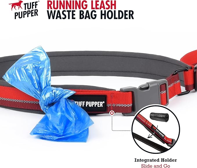 Tuff Pupper Hands Free Adjustable Length Dog Leash | Lightweight for Running Jogging Walking | Padded Waist Belt (24-50 inch) | Adjusts 3 to 6 Feet Length | Strong Ballistic Nylon w/Reflective Strips