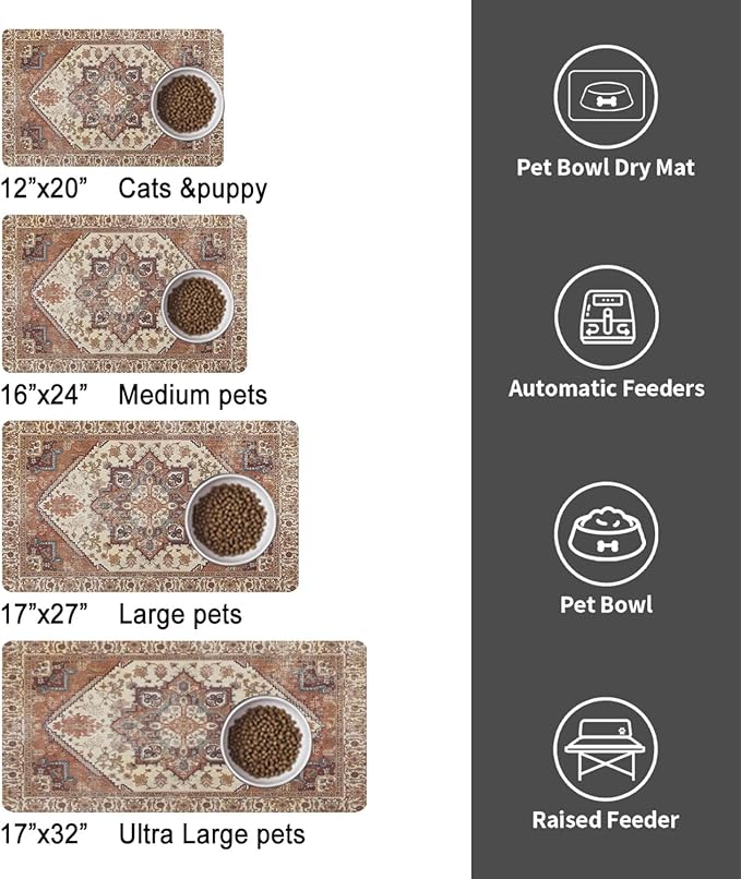Dog Food Mats for Floors, Absorbent and Quick-Drying Pet Cat Food Mat,Anti-Fouling and Easy-to-Clean Pet Feeding Mat,Dog Bowl Mat for Messy Drinking Water Bowls.16 x24, Bohemia Style