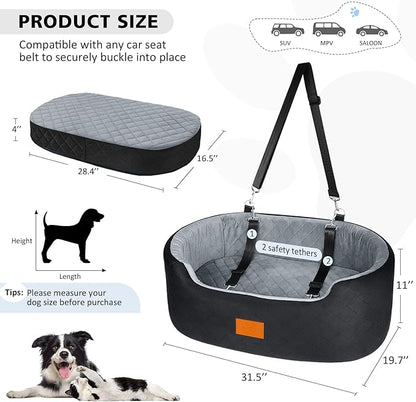 Dog Car Seat for Medium Dogs Up to 50 lbs, Pet Booster Seat for Cars SUVs and Trucks,Washable & Detachable Dog Car Bed with Safety Strap, Thick Cushion, Non-Slip Base(Black/Gray