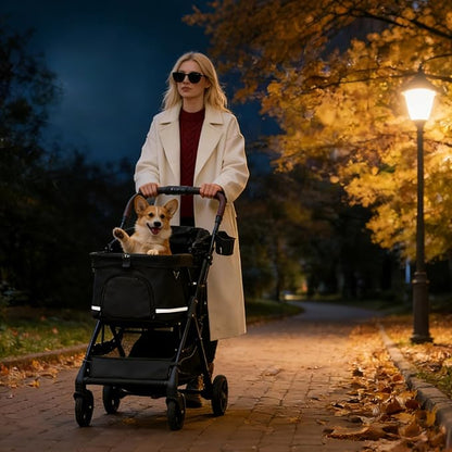 NO-Zip Pet Stroller for Small Dogs & Cats, Lightweight Dog Stroller with Reflective Safety Strips, One-Hand Fold, Claw-Proof Mesh, Breathable Travel Carriage, 33lbs Capacity, Black