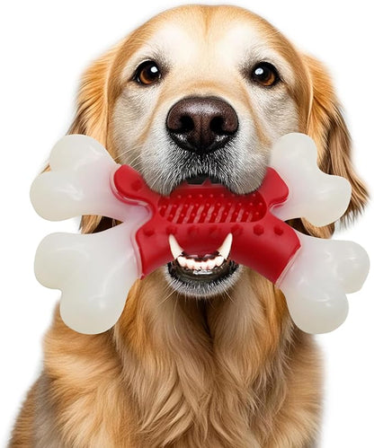 LaRoo Dog Toys for Aggressive Chewers Medium Dogs, Tough Dog Toys, Puppy Teething Chew Toys, Heavy Duty Indestructible Bones, Peanut Butter Slot for Snacks, Meat Flavor & Dental Care (Red)