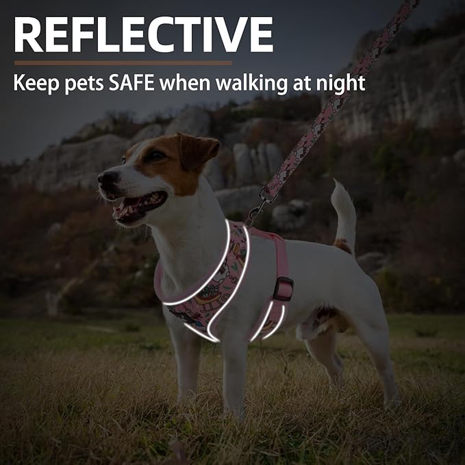 PUPTECK Soft Mesh Christmas Dog Harness and Leash Set Pet Puppy Cat Comfort Padded Vest No Pull Harnesses, Bright Pink, M