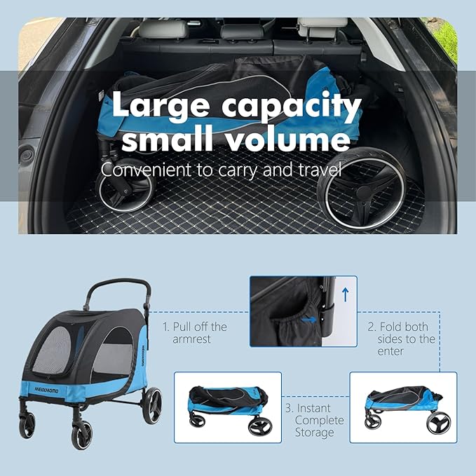Pet Stroller for Large Dogs up to 80lbs, All-Terrain with Adjustable Handle & Mesh Dual-Windo, Large Dog Stroller for Multiple Pets, Blue