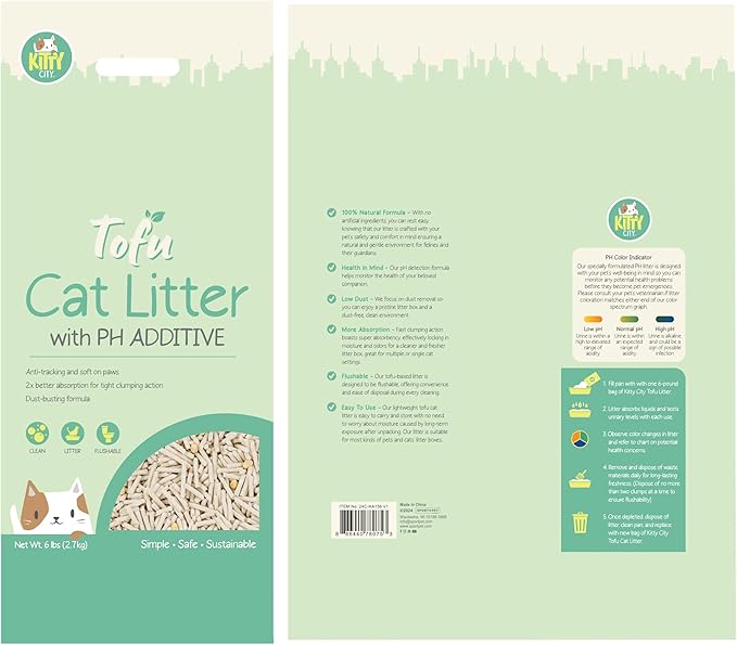 Kitty City pH Detecting Tofu Cat Litter, 100% Natural Plant-Based Formula, Fast Clumping, Low Dust, Flushable & Super Absorbent, 6 lb