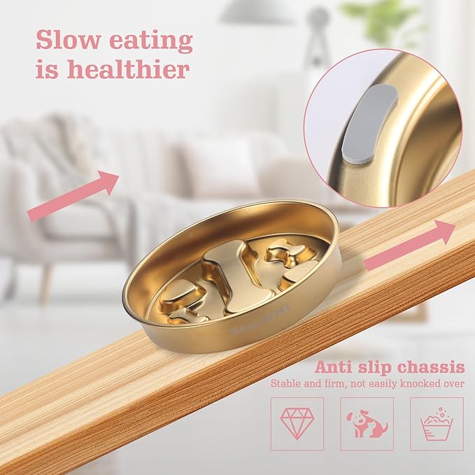 Golden Stainless Steel Slow Feeder Dog Bowls – Non-Slip Metal Dog Bowl for Large & Medium Breeds, Puppy Puzzle Feeder – 2 Cup for Small to Big Pets – Durable Slow Feed Dog & Cat Food Dish with Mat