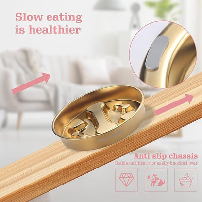 Golden Stainless Steel Slow Feeder Dog Bowls – Non-Slip Metal Dog Bowl for Large & Medium Breeds, Puppy Puzzle Feeder – 2 Cup for Small to Big Pets – Durable Slow Feed Dog & Cat Food Dish with Mat