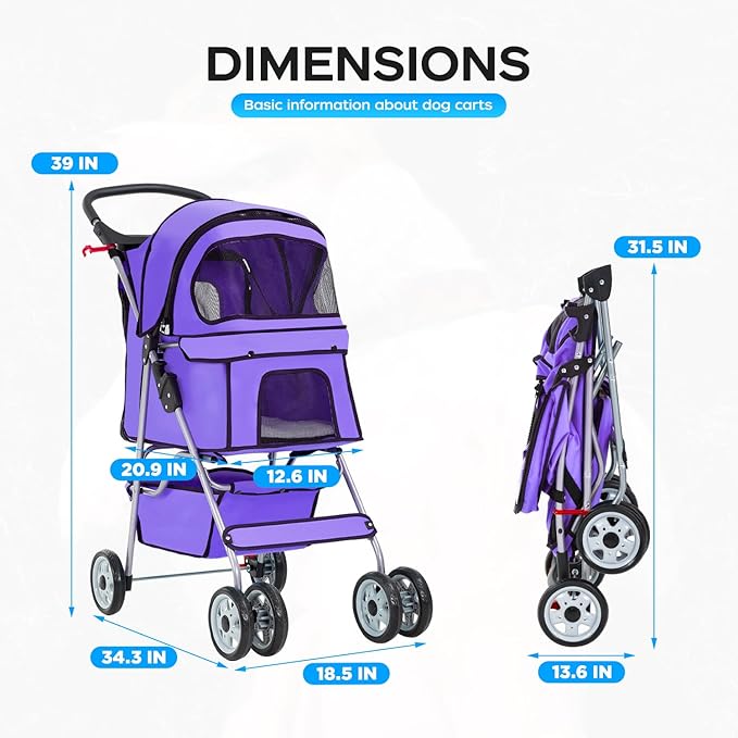 BestOffice Pet Stroller for Small Medium Dogs & Cats, 4-Wheel Foldable Dog Stroller with Cup Holder, Lightweight Travel Carrier, Waterproof Design for Outdoor Walks,Purple