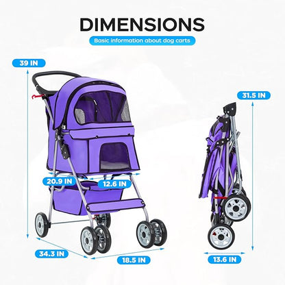 BestOffice Pet Stroller for Small Medium Dogs & Cats, 4-Wheel Foldable Dog Stroller with Cup Holder, Lightweight Travel Carrier, Waterproof Design for Outdoor Walks,Purple