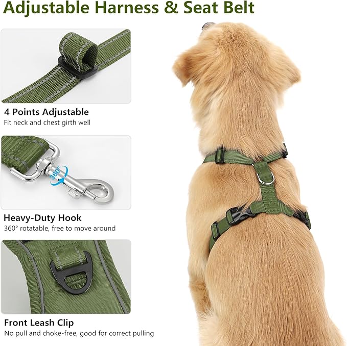 VavoPaw Dog Seat Belt Harness for Car, Dog Car Harness Adjustable Mesh Breathable & Dogs Seatbelt Safety Tether with Elastic Bungee for Small Medium Large Pets(Army Green, L)